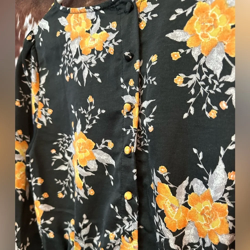Free People- Parker Dress, black/orange/silver floral long size 4 - Picture 6 of 10